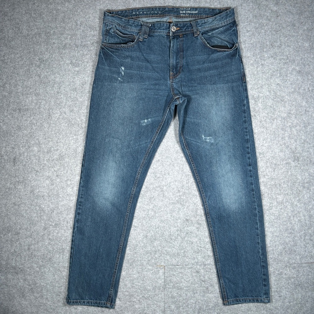 Sean John Denim Jeans Mens 34x32 Blue Mercer Slim Straight Distressed Y2K